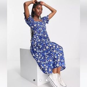 ASOS Influence puff sleeve midi dress in blue floral